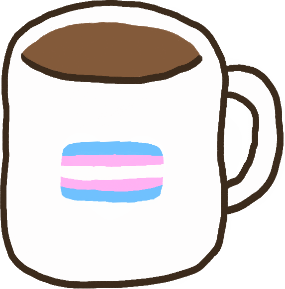 A mug with a brown liquid inside it. It is white with a trans pride flag on it.